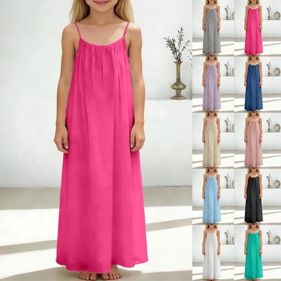 LRen Girls Dresses Size 10-12 Backless Cami Summer Boho Dress Trendy 2026 Toddler Baby Vacation Casual Flowy Long Girls Dresses