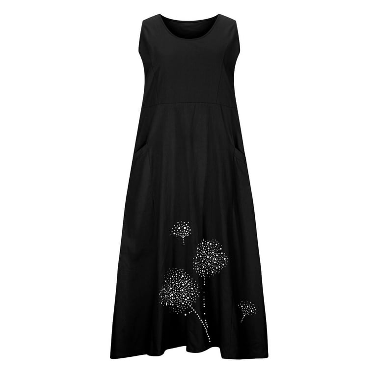 Summer Cotton Sleeveless Maxi Dress for Women Round Neck Lightweight Casual  Floral Long Dress with Pockets (4XL, Black) - Walmart.com
