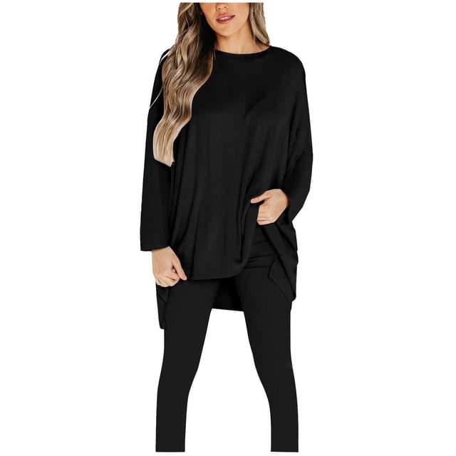 Yuyuzo Ensembles de Pyjamas 2 Pcs pour Femmes Manches Longues Col Rond Hauts T-Shirts avec Leggings Bas Vêtements de Nuit Confortables