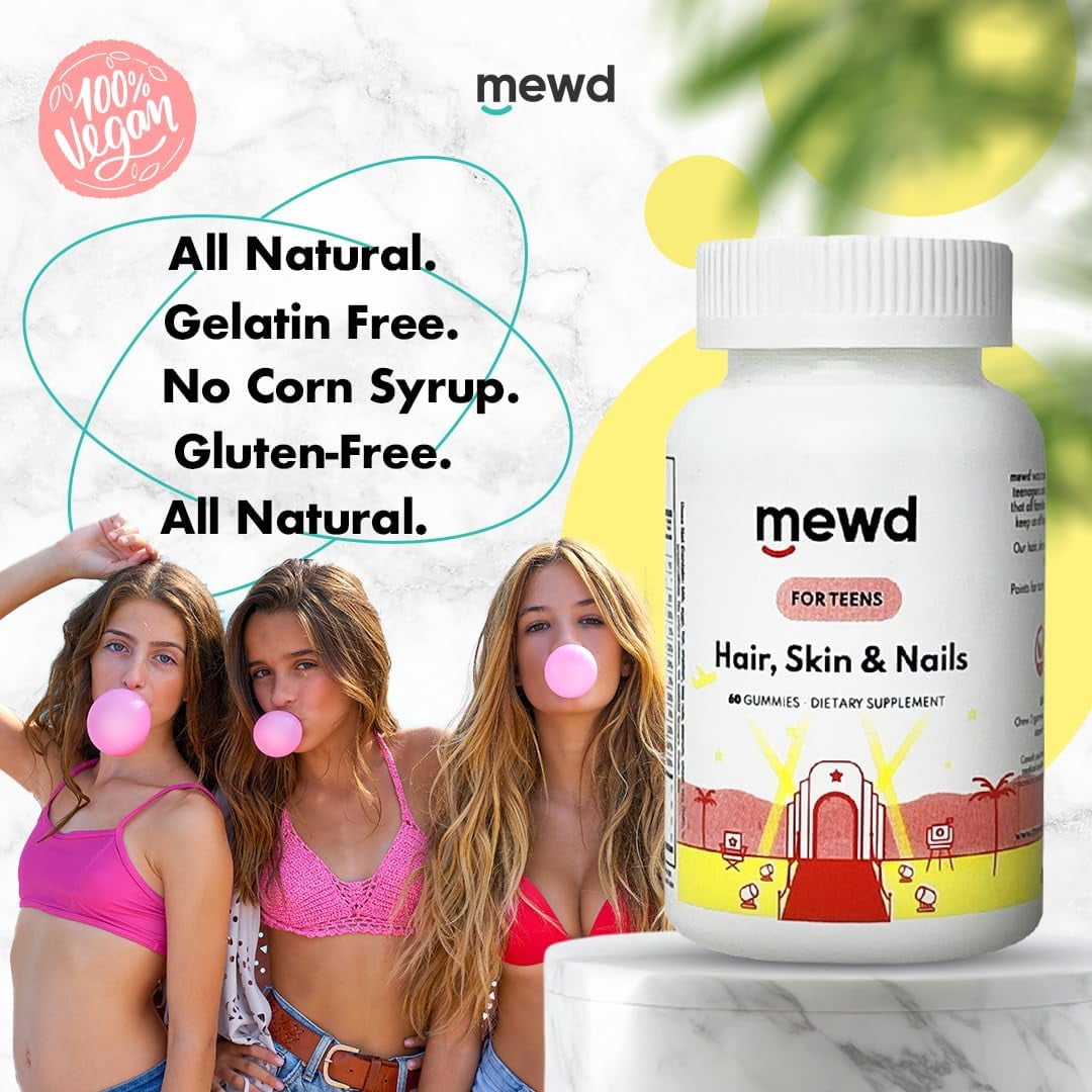 MEWD Teen and Kids Hair, Skin+Nails Daily Multivitamin Gummy Strengthener Formula - Chewable Vitamin Supplements with Biotin,Zinc,Vitamins A, B, & D3 for Girls & Boys, 60, Made in USA