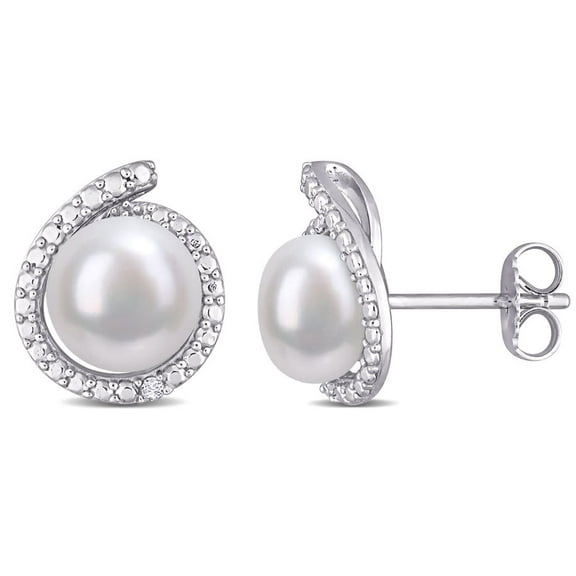 AMOUR 8-8.5mm Freshwater Cultured Pearl and Diamond Accent Halo Stud Earrings In Sterling Silver