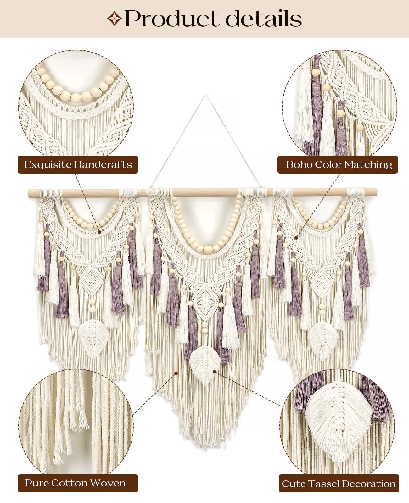 Klamerit Macrame Wall Hanging Decor, 43x32" Large Macrame Wall Hanging, Chic Boho Woven Tapestry Decoration , Leaf Bead