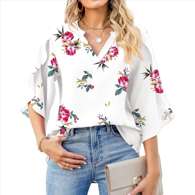 Blusas de Mujer con Mangas 3/4 y Cuello en V Holgado con Estampado de Pétalos de , Blusas de Trabajo de Negocios Flores Rojas M