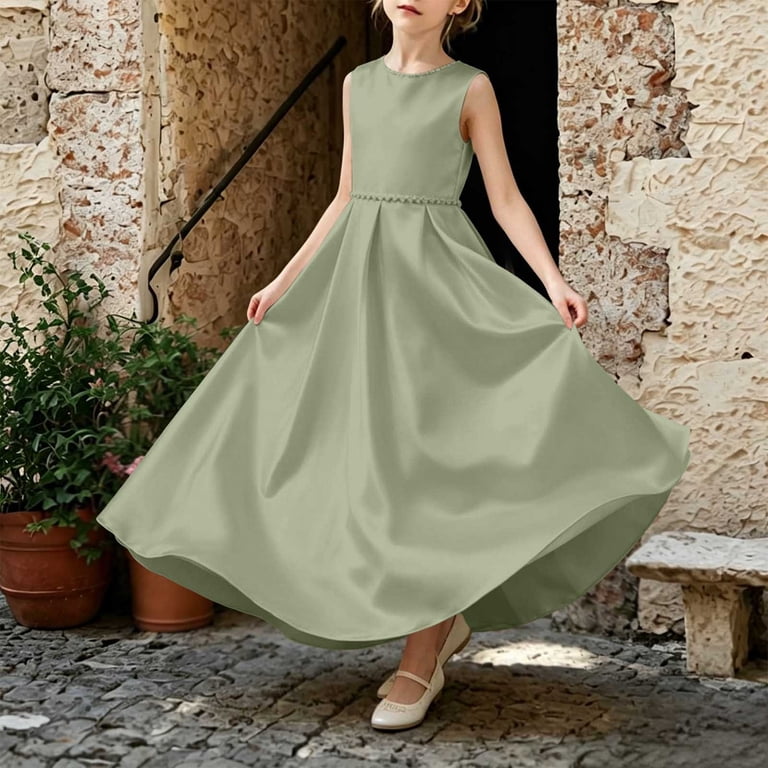 AHTJRT Bridesmaid Flower Dress for Girl V Back Bowknot Dresses A-Line Crewneck Sleeveless Cute Elegant Wedding Party Gowns Dark Green 9-10 Years