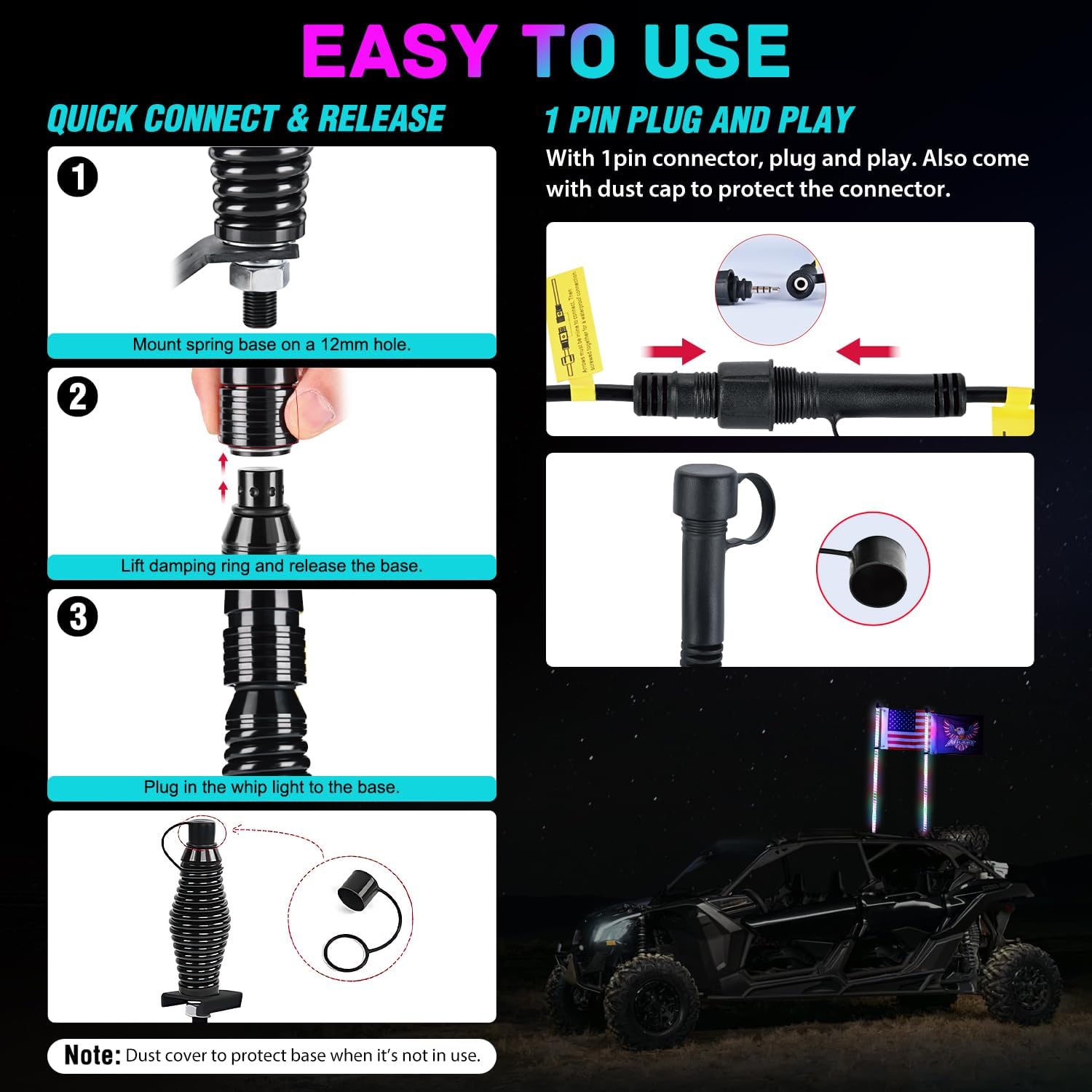 Nilight LED Whip Light 1 PC 3FT COB RGB Lighted Antenna Whips with Spring Base Remote & App Control DIY Chasing Patterns for Can-am Offroad ATV UTV RZR Polaris Dune Buggy 4-Wheeler Truck