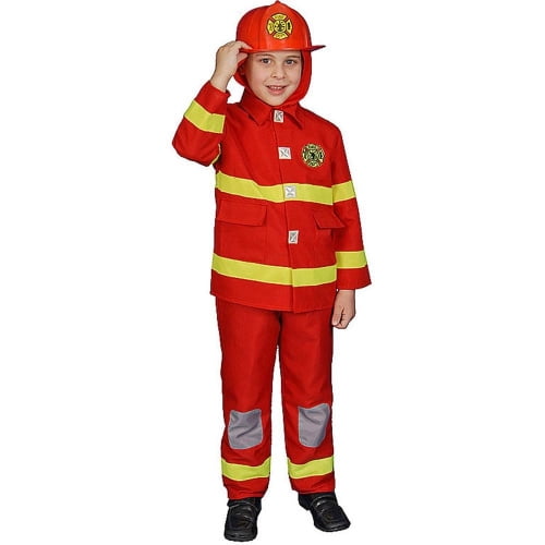 Dress Up America Firefighter Costume for Kids Red Fireman Dress Up and Helmet for Boys and Girls