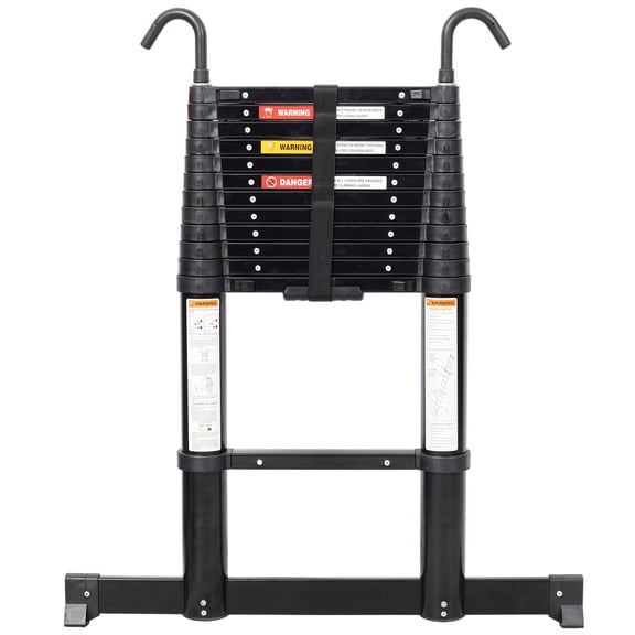 12.5FT Telescopic Ladder Aluminum Ladder with Non-Slip Feet and Stable Hook, Slow Down Safety Function With Stabilizer Portable Extension Ladder for Household and Outdoor Working, 330lb Capacity