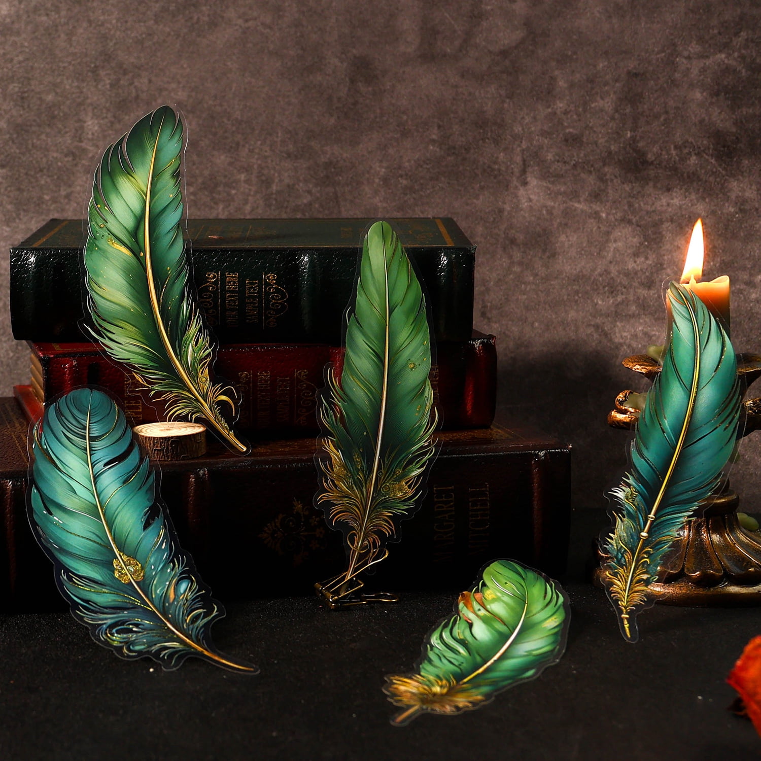 "Ancient Forest" PET Gold Foil Stickers - Angel Feather Series, 5 Sheets of Vintage Feather Journaling and Collage Material