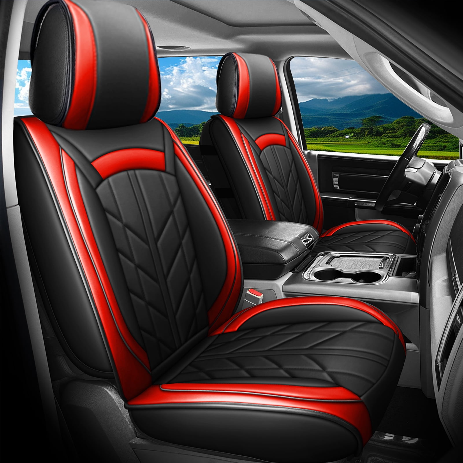 Customed For 2005-2023 Toyota Tacoma Crew Cab Front&Rear Seat Covers PU Leather Full Set,Black&Red