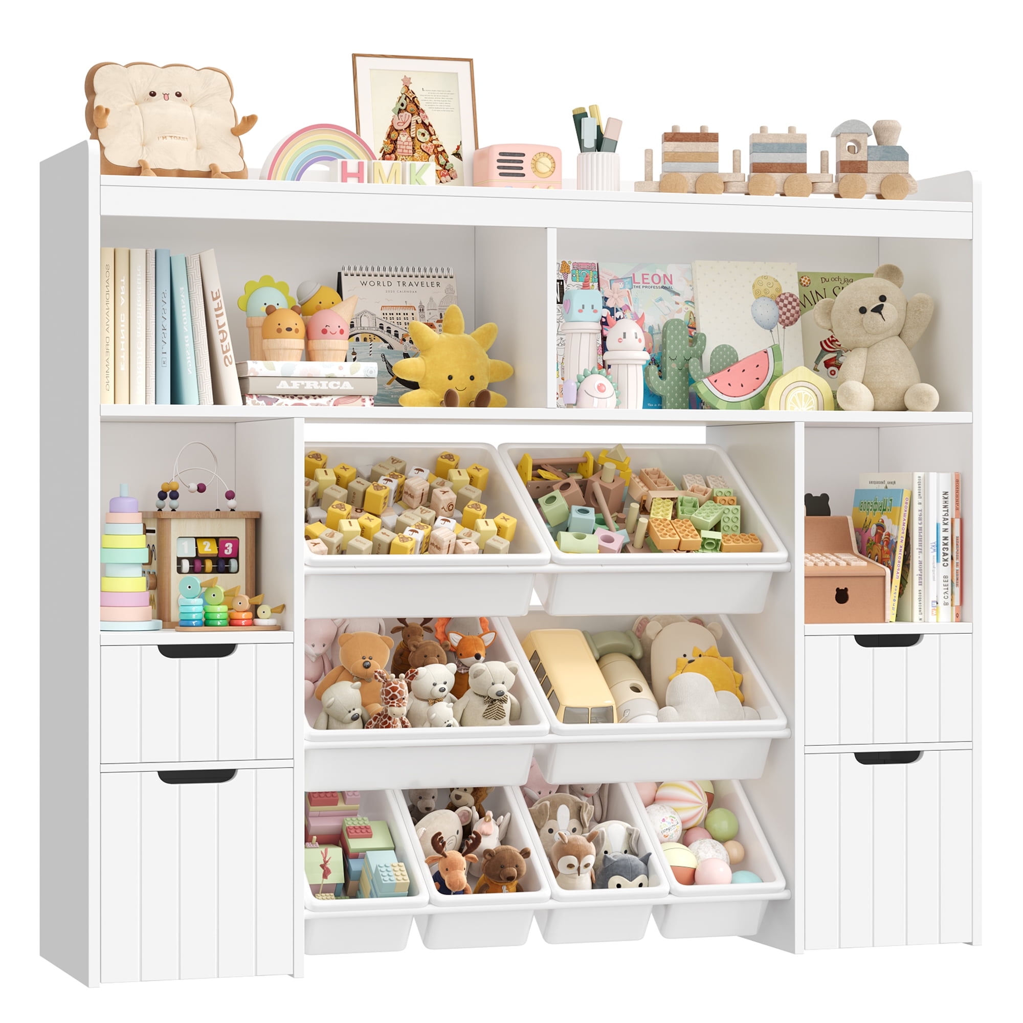 Homfa Kids Toy Storage Organizer with Removable Bin, Kids Bookshelf and Bookcase Toy Box with Drawers for Playroom, Classroom, White