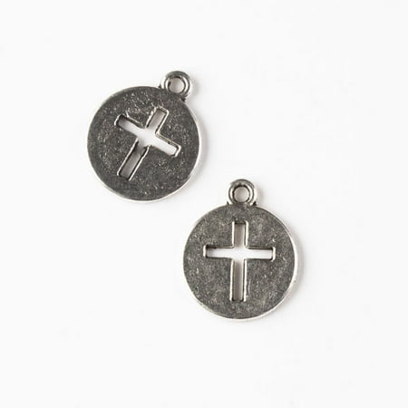 New Cute Beads Silver Charm - Cherry Blossom Beads Silver Pewter 14x17mm Coin Charm with Cut Out Cross - 10 per bag