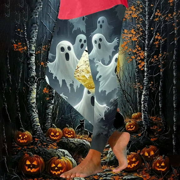 Fartey Plus Size Halloween Leggings for Women Funny Ghost Print Yoga Pants Tummy Control High Waisted Hip Lifting Pants Soft Stretchy Workout Tights Multicolor S