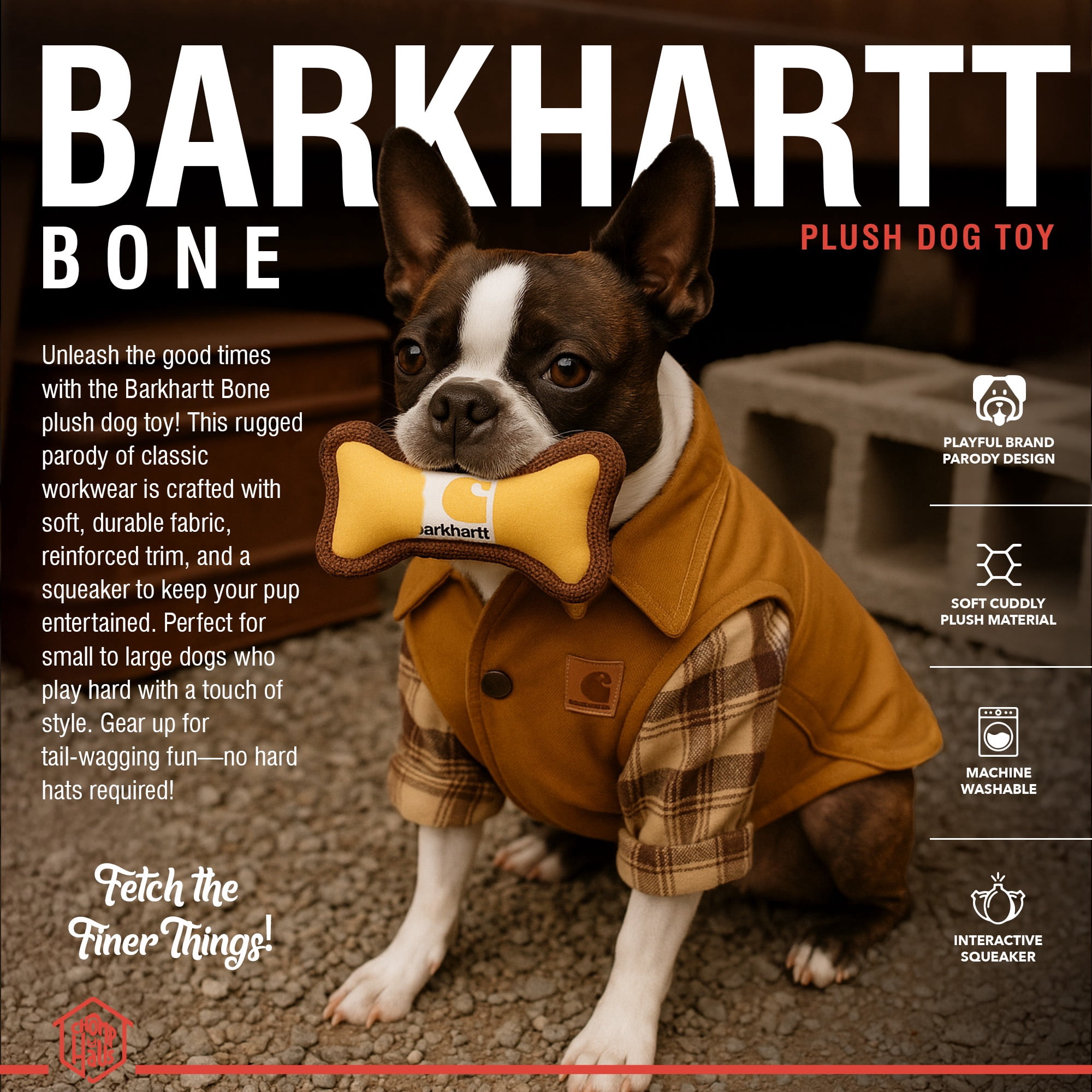 Chomp Haus Barkhartt Bone – Luxurious Plush Dog Toy with Squeaker, Premium Fabric, Embroidered Details, Designer-Inspired Chew Toy, Fun Gift for Small to Medium Dogs & Dog Lovers