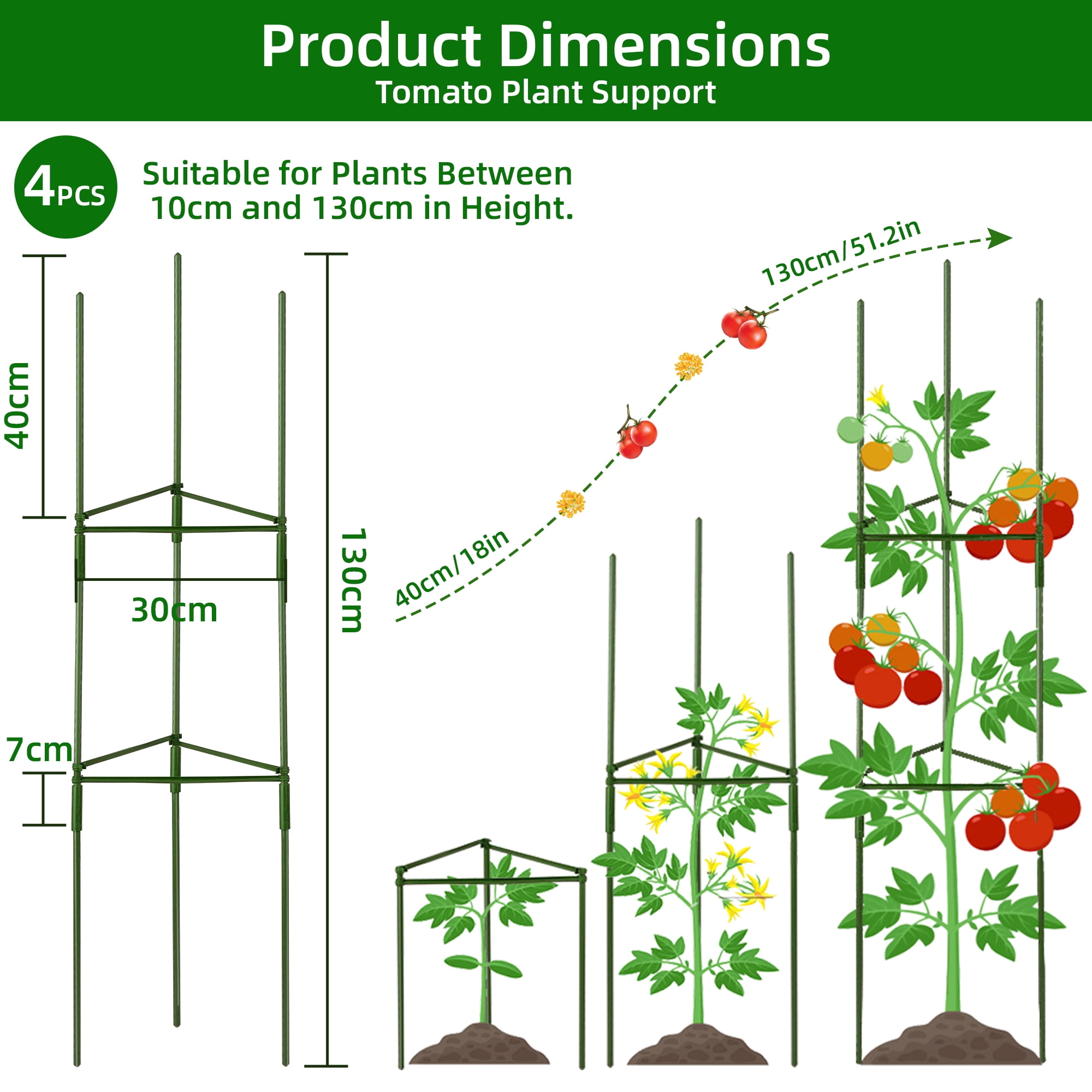Tomato Cage, Qissep 4 Pack 52 inch Tall Tomato Trellis Triangle Tomato Cages for Garden Climbing Plants, Vegetables, Flowers, Fruits, Flexible Height Adjustment