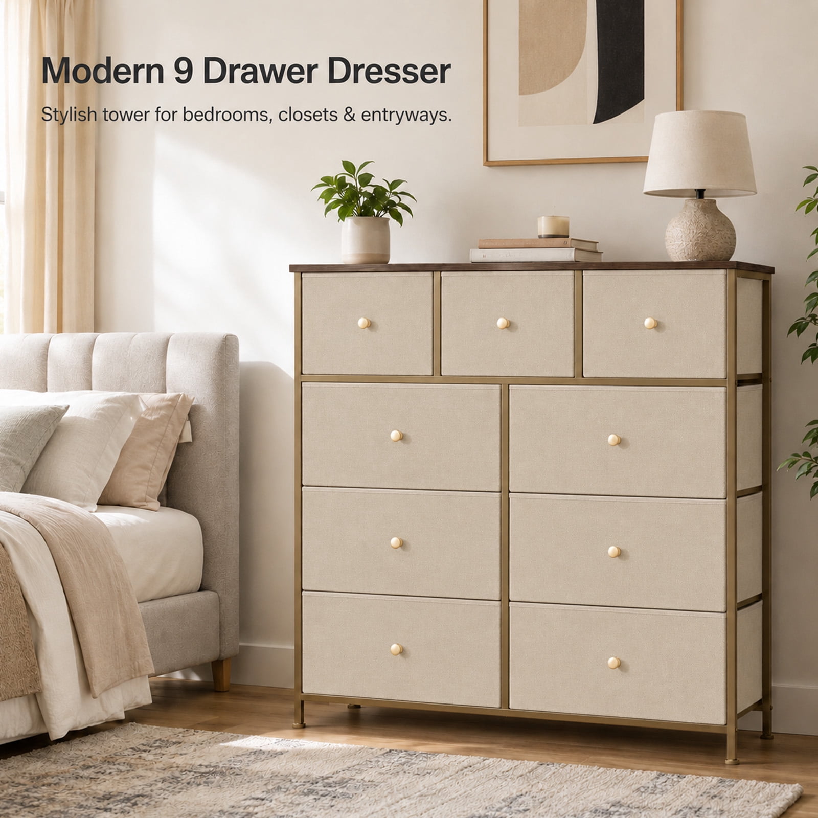 Alvantor 8/9 Drawer Fabric Dresser, Storage Tower for Bedroom and Closet, Chest of Drawers with Sturdy Steel Frame & Wooden Top for Living Room, Entryway