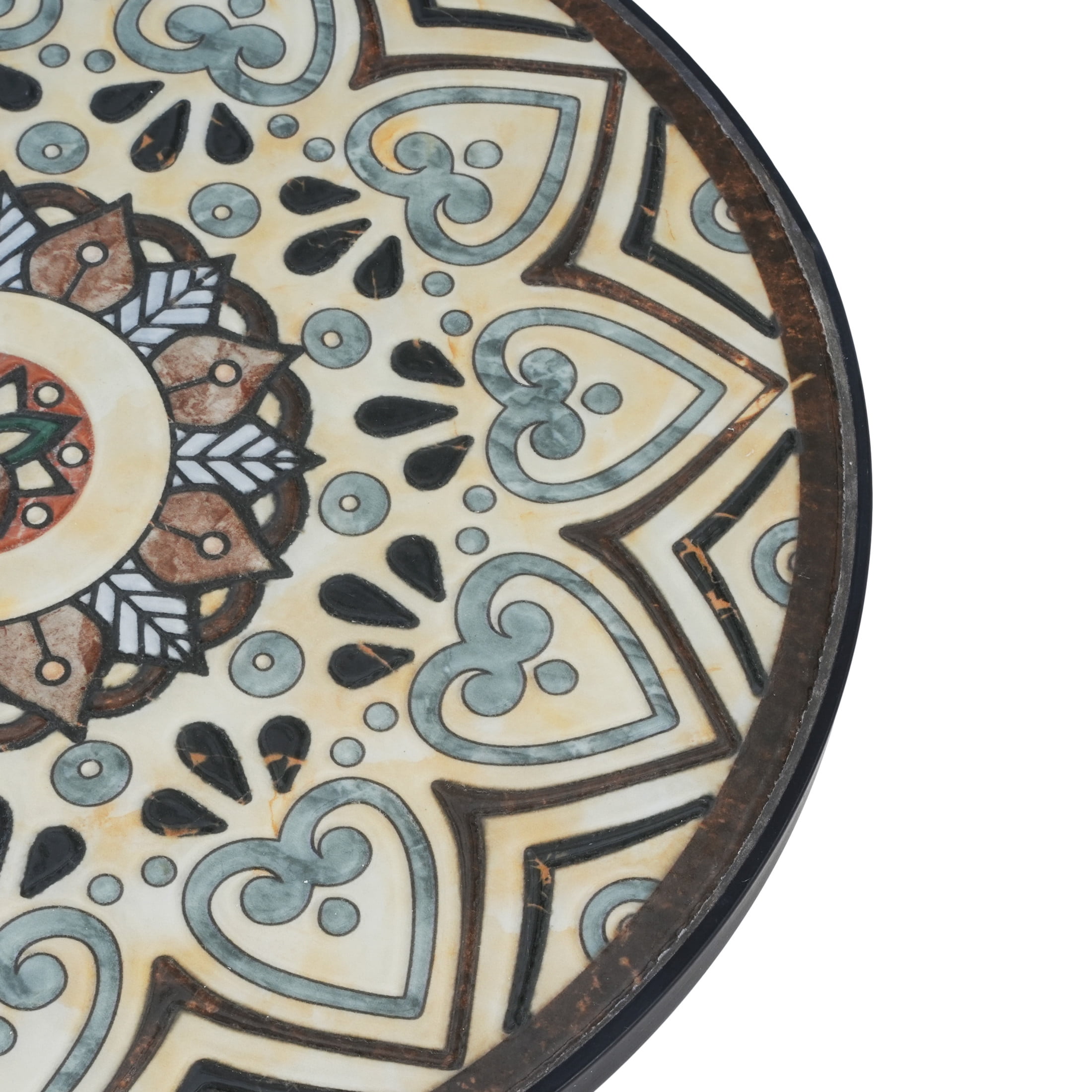Trulisa Outdoor Patio Round Side Table with Shelf, Ceramic Tile, Iron, Black + Brown