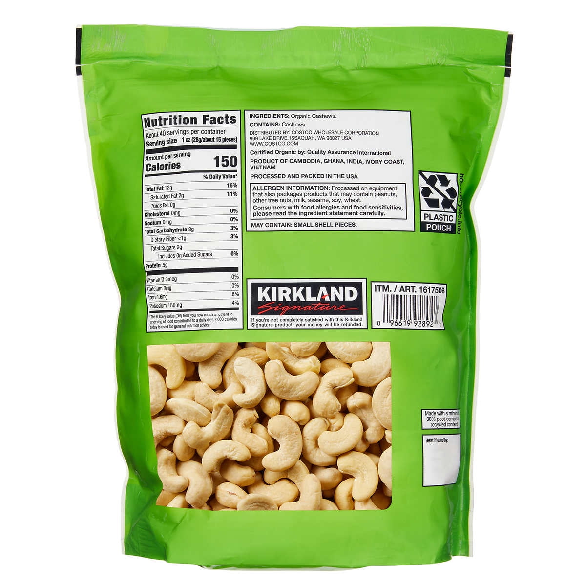 Kirkland Signature Organic Whole Cashews, Unsalted, Unroasted, 2.5 Pounds