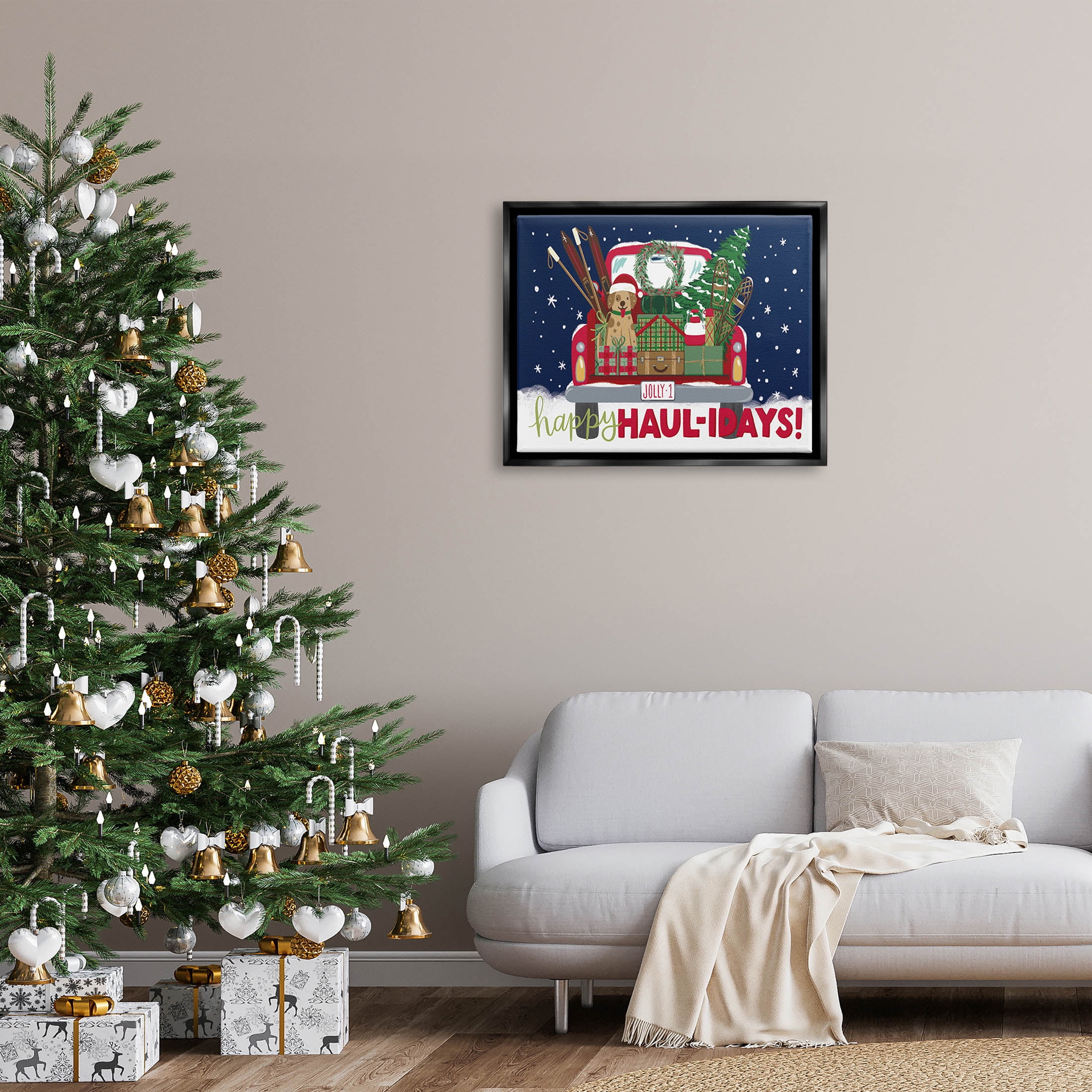 Stupell Industries Happy Haul-idays Christmas Gift Truck Graphic Art Jet Black Floating Framed Canvas Print Wall Art, Design by Amanda McGee