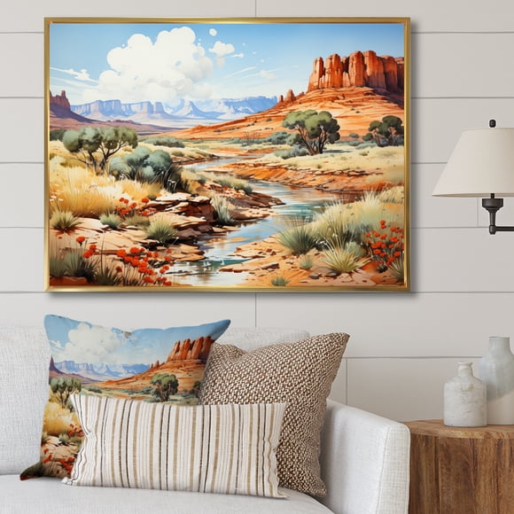 Designart art Mural Encadré Montagnes, art Mural Encadré Montagnes Paysage, Oasis Désert Vert et Beige Évasion Montagne I, art Mural Traditionnel Doré Encadré, Cadre Doré 20x12 Pouces