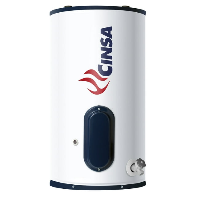 calentador de agua eléctrico cinsa cie-10 220v 4.0kw 38 l — cilindro vertical blanco Cinsa de 38 L para 1 servicio, vista frontal centrada con logo Cinsa en azul y rojo; tapa superior e inferior azul oscuro, panel de control ovalado azul y llave de drenado visibles; frecuentemente usado en instalaciones interiores residenciales.