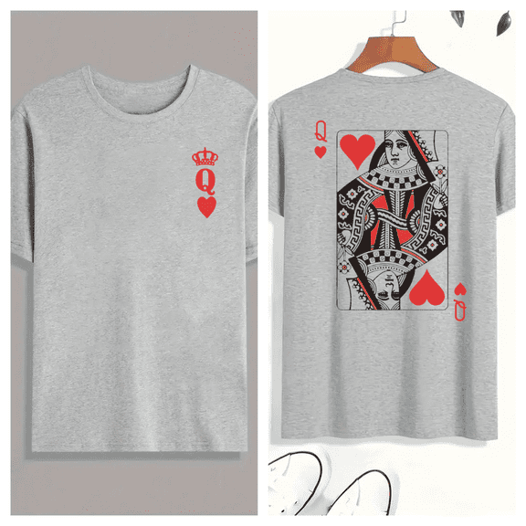 Queen Of Hearts Print Tshirt Playing Card Graphic Tees Shirts Grey S-3XL Valentine Tops