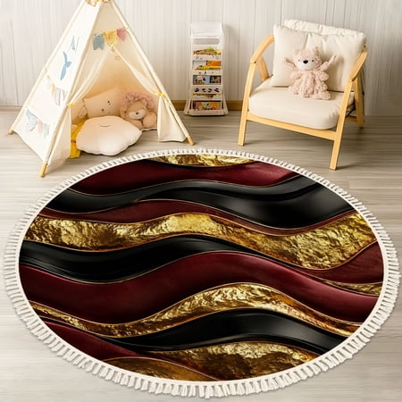 Washable Non Slip 4ft Round Rug Red Abstract Marble Burgundy Black Malachite Gold Veins Circle Area Rugs with Tassels Carpet for Nursery Bedroom Living Room Playroom Tent rug Tent Castle