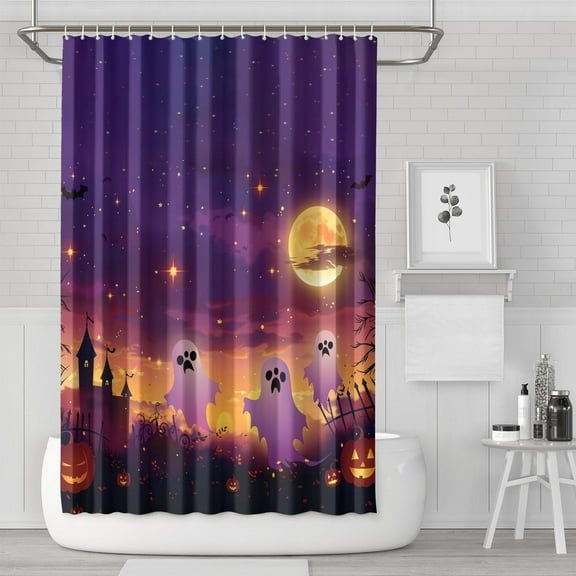 Shower Curtain for Bathroom Happy Halloween Evil Pumpkin Cute Ghost Castle Bathroom Curtain Waterproof Modern Bath Curtain Hooks Included,72x72Inch