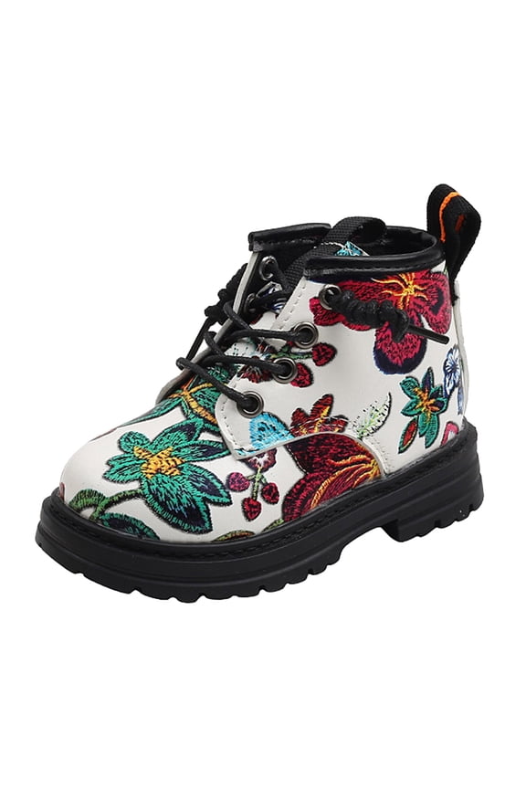 Clearance Shoes for Kids Girls Fashion Autumn Winter Children Boots Boys Girl Ankle Boots Thick Soled Non Slip Lace Up Flowers Casual Style Breathable Shoe (3.5-4 Years,White)