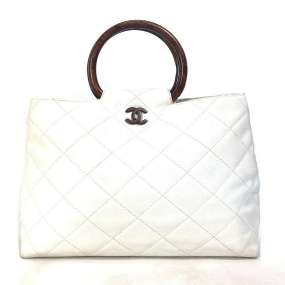 Pre-Owned Chanel Matelasse Quilted Wood handle bag Tote Bag Hand Bag White Brown (Good)