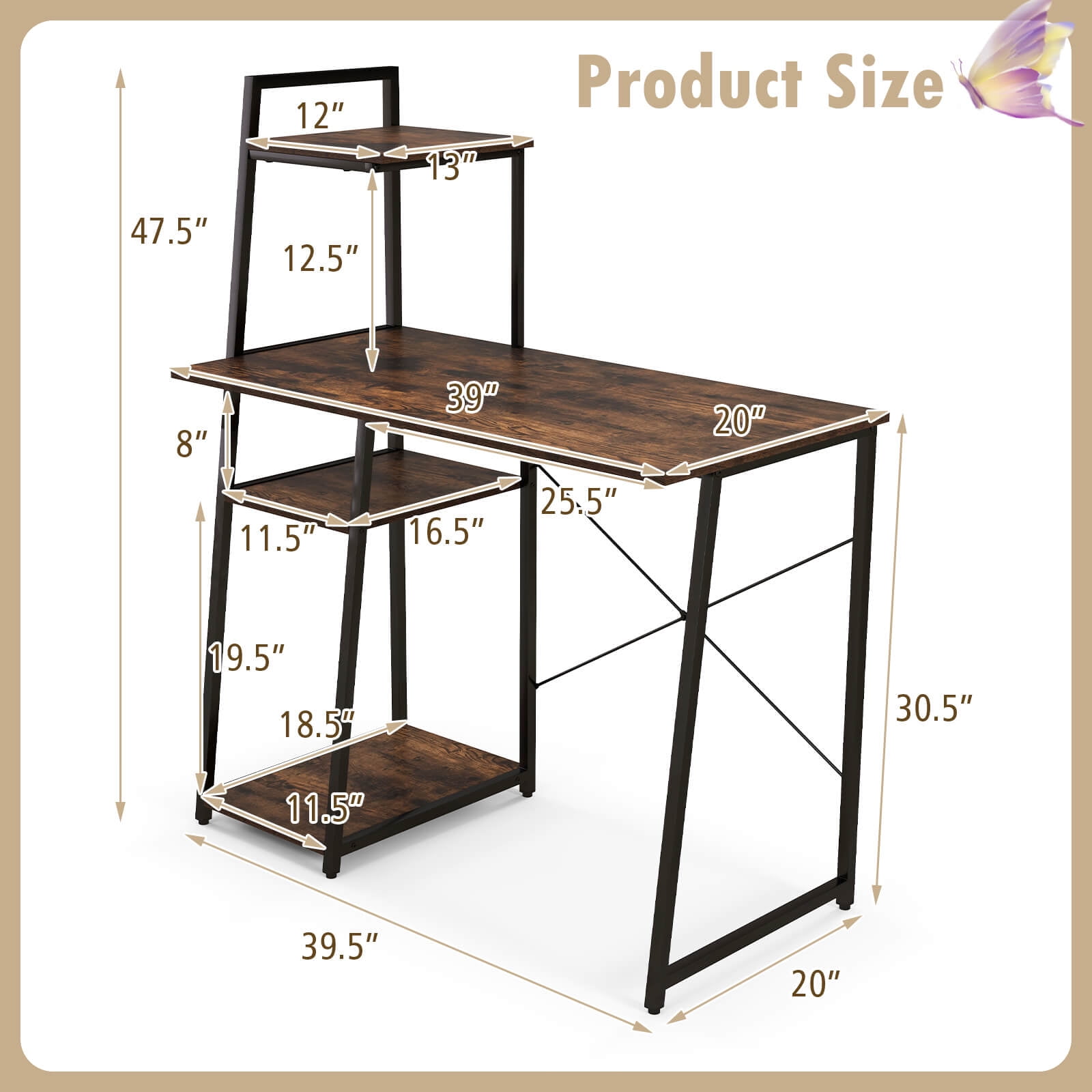 Costway Modern Computer Desk with 3-tier Storage Shelf CPU Stand Metal Frame for Bedroom