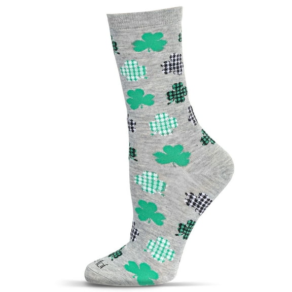 MeMoi Women's Buffalo Plaid Shamrocks Bamboo Crew Socks - Womens - Female, 9-11, Light Gray Heather