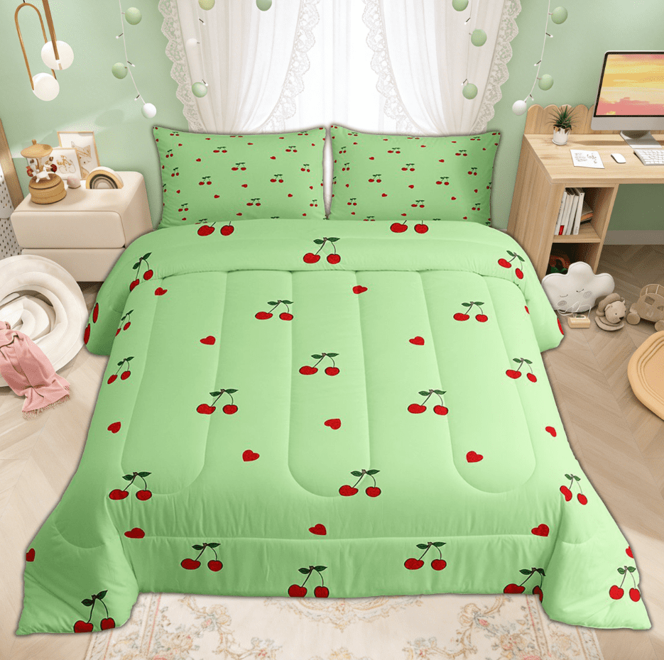 Manfei Green Cheryy Teens Full Size Comforter Sets for Kids Girls, Cartoon Princess Love Heart Bedding Comforter Set, Reversibles, 3pcs