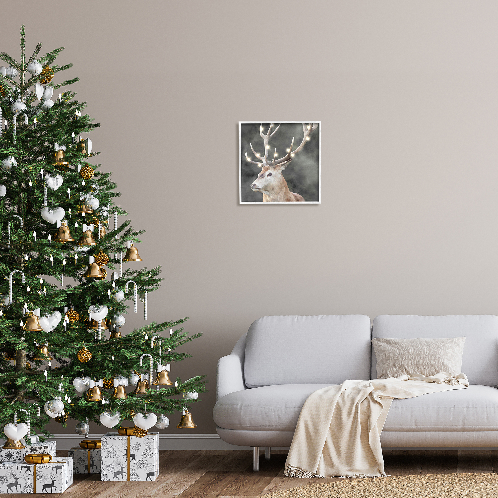 Stupell Industries Holiday Lights on Antlers Holiday Painting White Framed Art Print Wall Art, 17 x 17