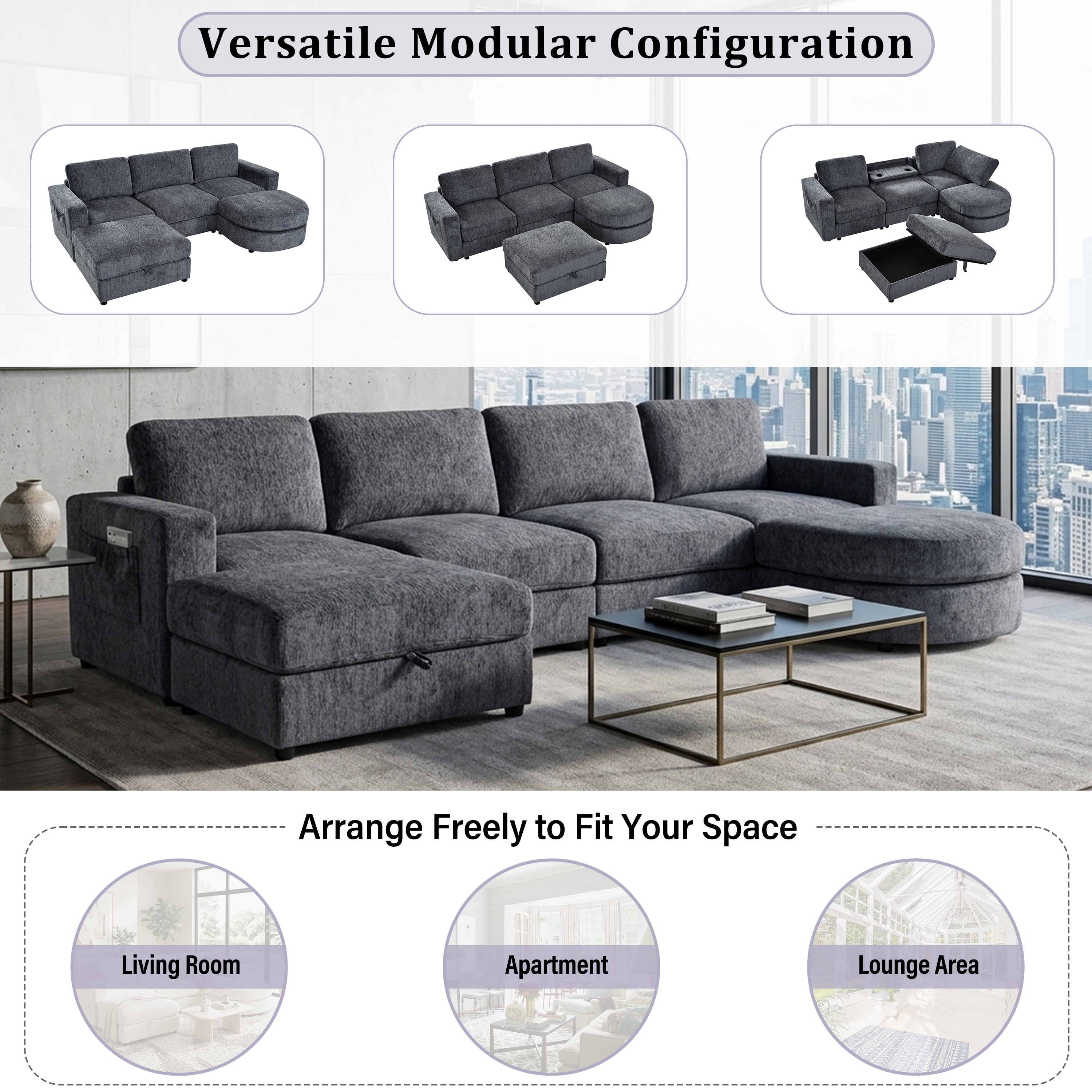 Wakefit 102.4" U-Shaped Sectional Sofa with Storage Ottoman & Curved Chaise,Modern Chenille Modular Couch with Drop-Down Console,Built-in Cup Holders & Side Pockets for Living Room,Grey