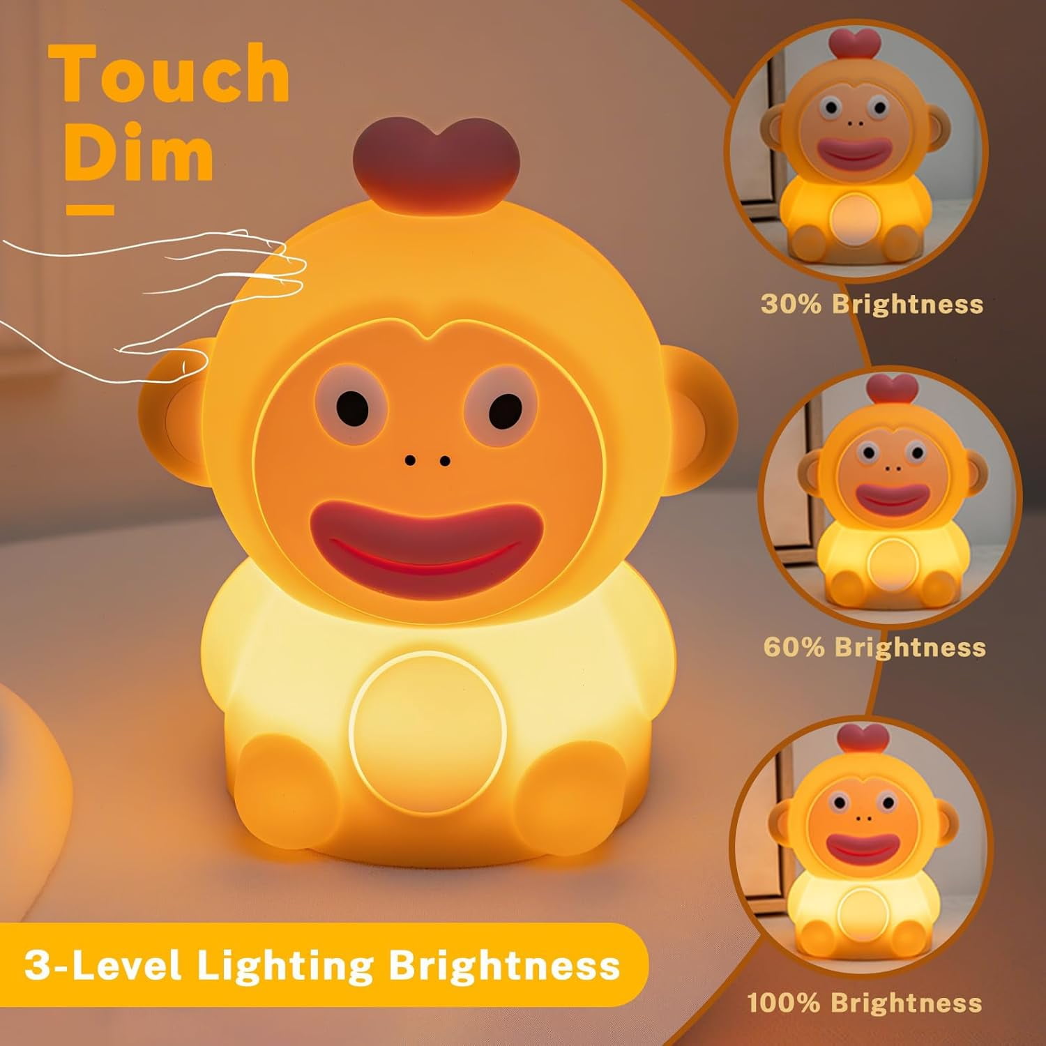 Monkey Night Light for Kids, Funny Big Mouth Squishy Silicone Nursery Lamp, 3 Level Touch Dimmable with Timer, Rechargeable Baby Night Light, Gifts for Boys Girls