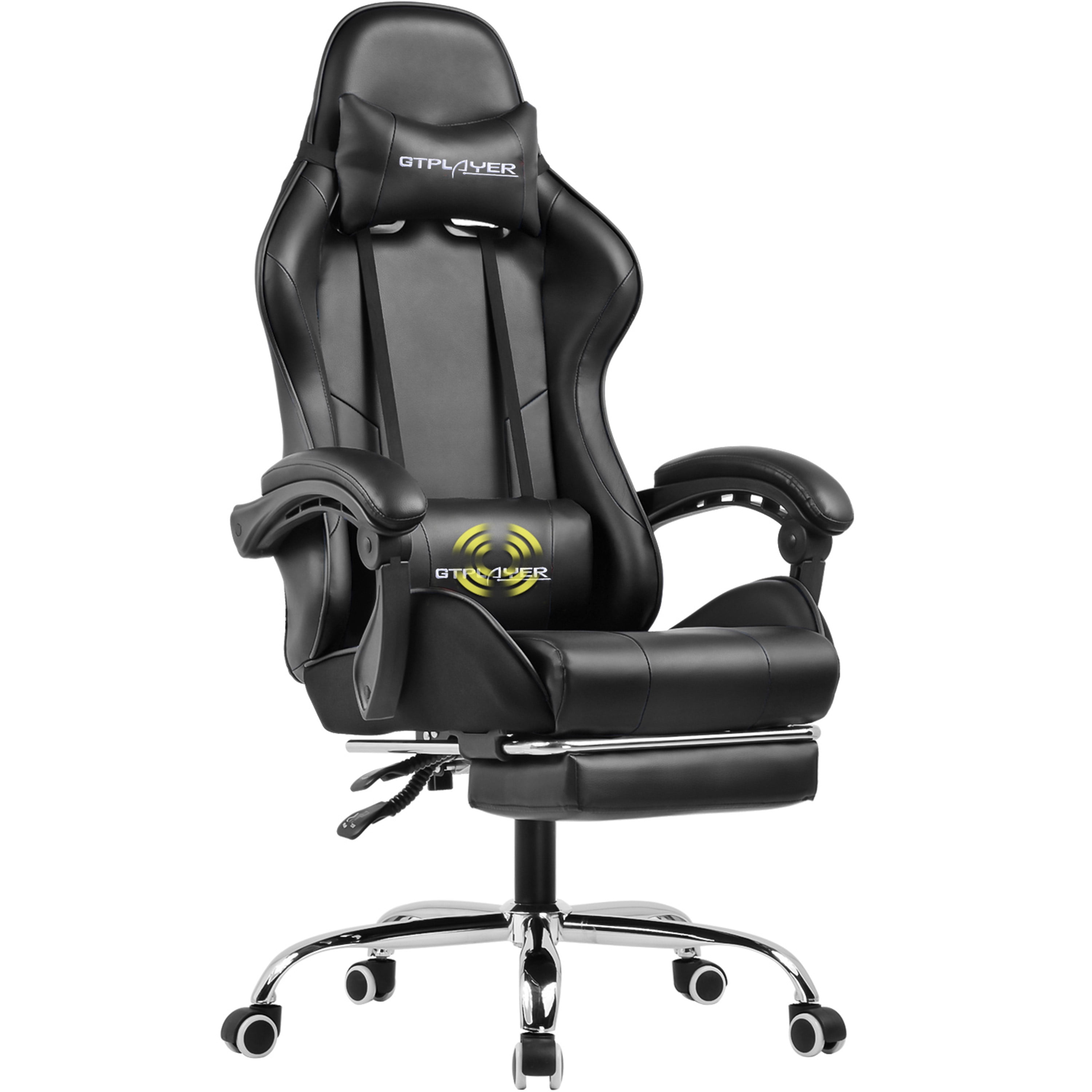 VON Racer Massage Gaming Chair Racing Computer Desk Office Chair Swivel Ergonomic Executive Bonded Leather Chair with Headrest Footrest and Adjustable Armrests,Black 
