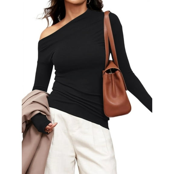 Women'S Off Shoulder Tops Dressy Long Sleeve Asymmetrical Slim Fit Going Out Fall Blouse Ruched Shirts Black XL