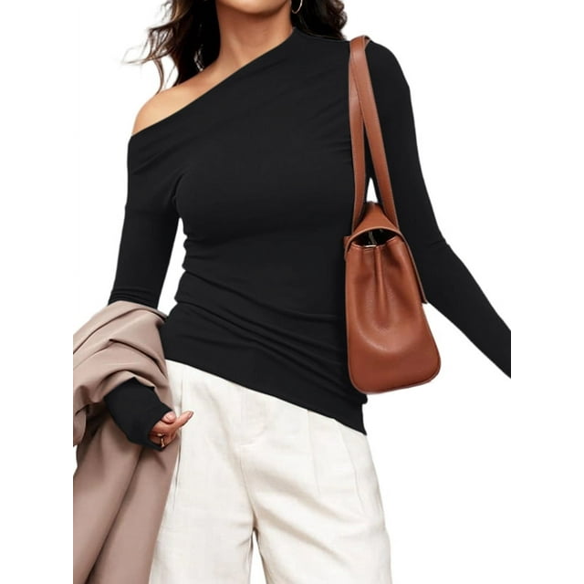 Women'S Off Shoulder Tops Dressy Long Sleeve Asymmetrical Slim Fit Going Out Fall Blouse Ruched Shirts Black XS