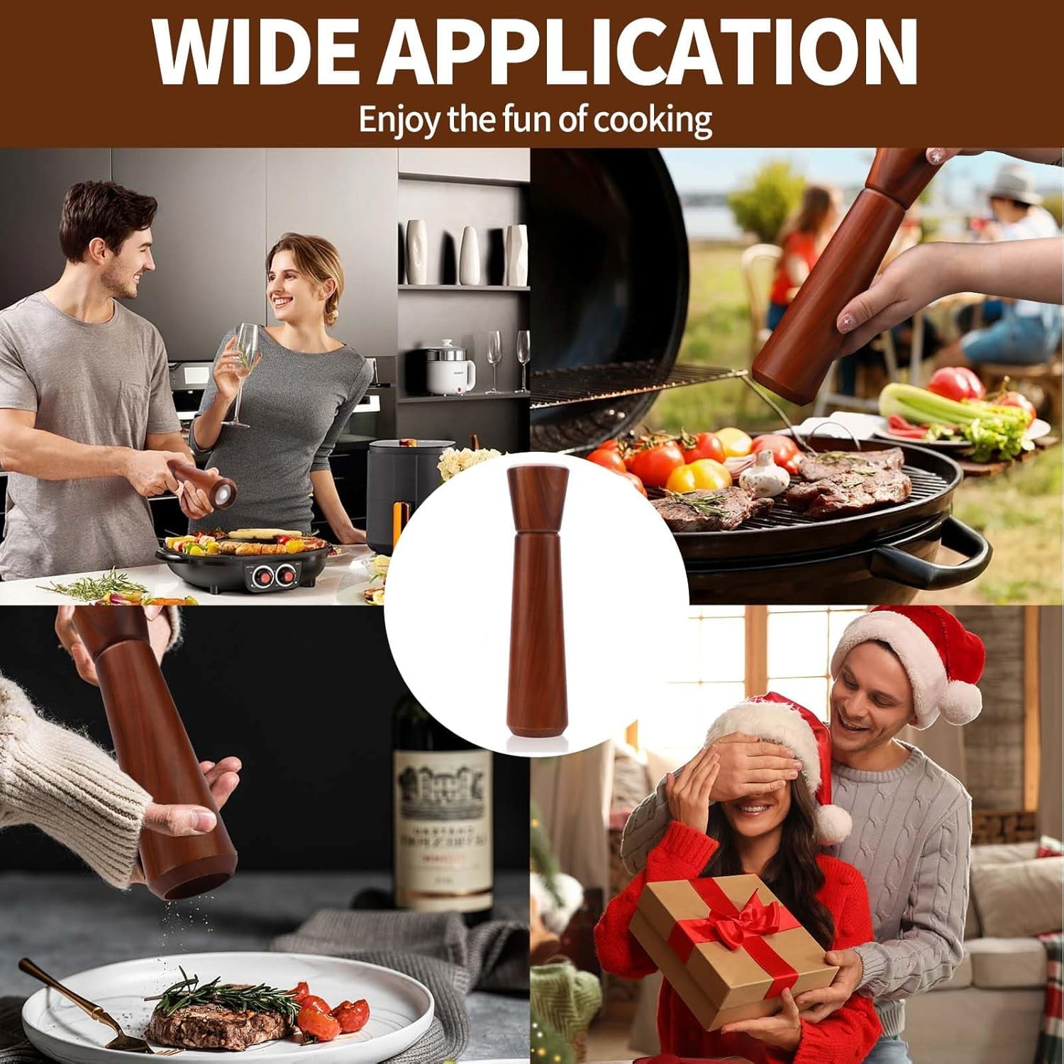 ABCISI Wooden Pepper Grinder,10In Wood Pepper Mill, Refillable Salt Grinder, Pepper Grinder Manual with Adjustable Ceramic Rotor, Easy Refill, Salt and Pepper Shakers with Coarseness Control 1-Pack