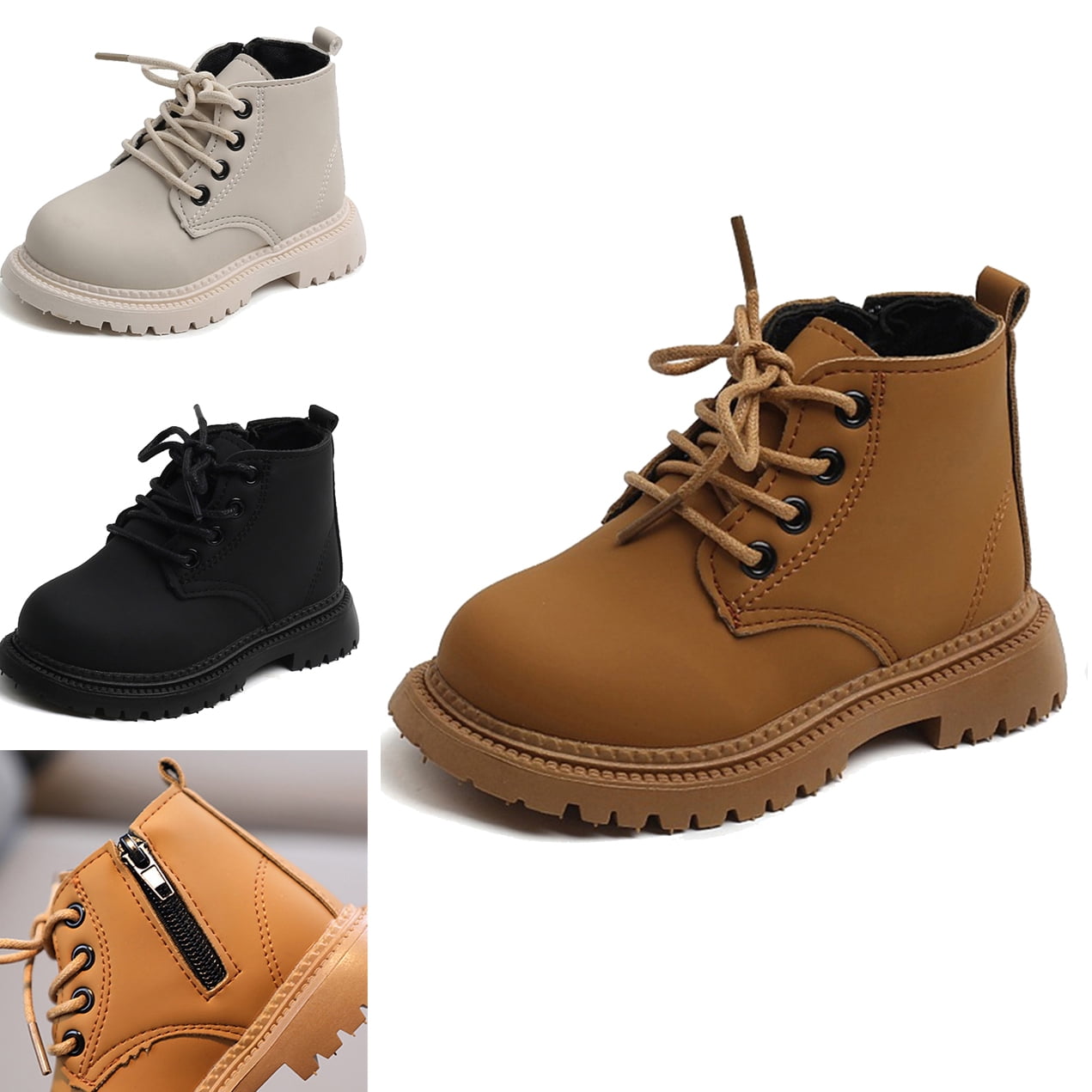 Unisex Girls Boys Zipper Frosted Leather Round Toe Lace Up Ankle Boots