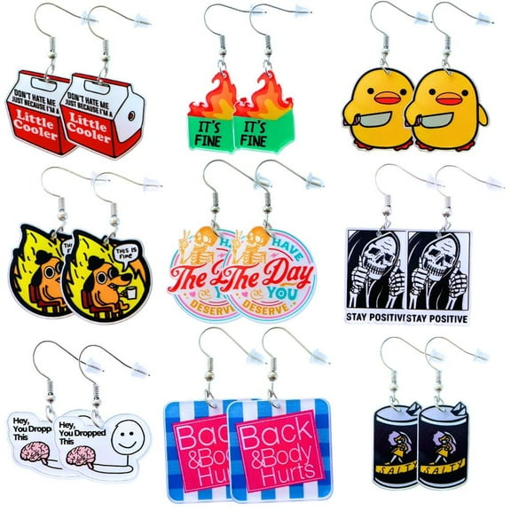 9PC Funny Earrings Pack Earring Jewelry Fun Cute Weird Unique Novelty Kawaii Funky Silly Wacky Whimsical Crazy Eccentric Quirky Sarcastic Meme Duck Dumpster Fire Dangling Dangle Women Gifts
