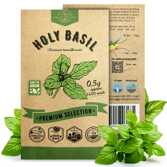 Organo Republic Holy Basil Seeds 0.5 g – 1,400 Non‑GMO Heirloom Basil Seeds – Indoor and Outdoor Herb Seed Packet for Home Garden, Culinary & Medicinal Planting