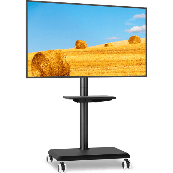 RTVR Rolling Mobile TV Cart Stand with Mount for 32-60 inch Screens, Corner Swivel TV Mount Stand with Media Shelf, Wooden Base Furniture