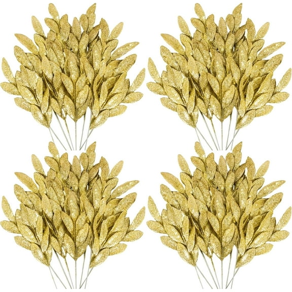 Jinswick 20pcs Christmas Glittered Red Leaves, 13" Artificial Glitter Christmas Tree Branches and Sprays for DIY Wreath Christmas Tree Decorations