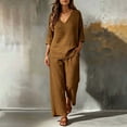 thumbnail image 2 of Zynoxe Womens Plus Size Two Piece Sets Cotton Linen V-neck Top Wide Leg Pants Summer Outfits Peasant Gauze Lounge Sets with PocketsBrown2XL, 2 of 5