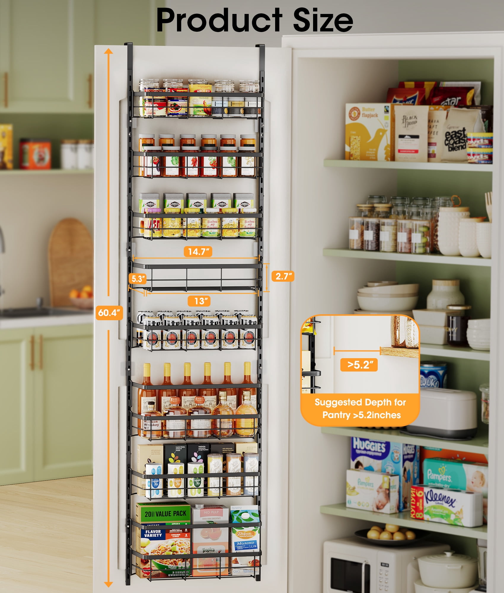8-Tier Adjustable Over the Door Pantry Organizer with 2 Sets Hooks Fits Most Doors, Hanging Spice Rack for Pantry Door Organizer And Storage, Black