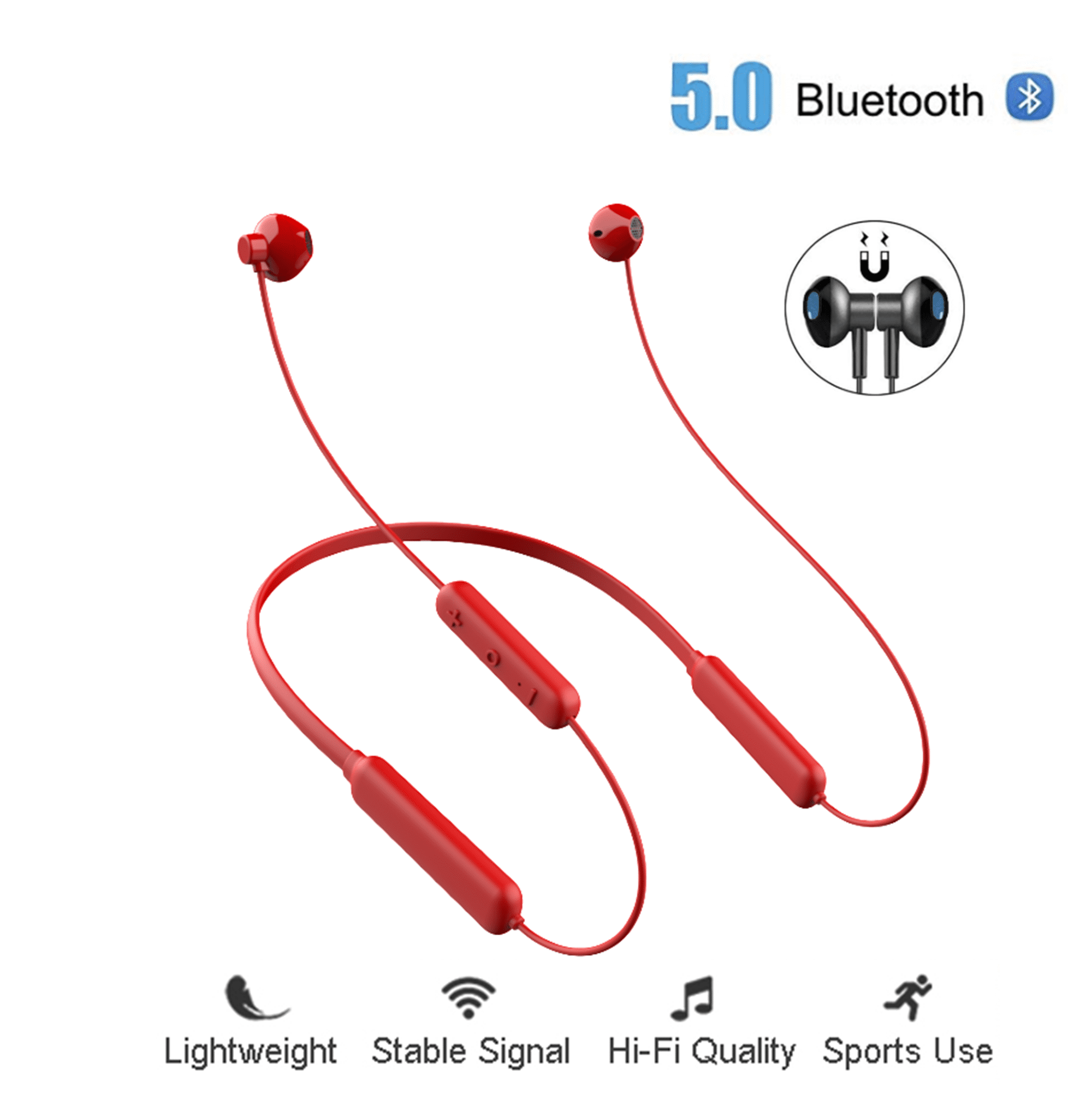 Bluetooth Headphone Wireless V5.0, IPX7 Waterproof Sports Magnetic Noise Canceling in-Ear Earphones for Workout Gym Running, HiFi Stereo Sound with Mic for iPhone Android Samsung, 12 Hrs Playtime