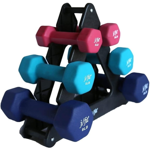 JFIT Dumbbell Set w/Durable Rack, Double Neoprene Coated Workout Weights, Solid Design Rack, 32 LB Set
