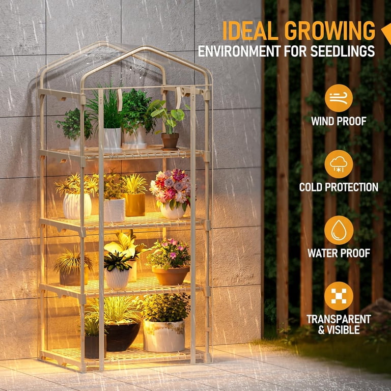 Specilite Indoor Greenhouse with Grow Lights, 4 Tiers 27.6 inchl19.3 inchw61.4 inchh Outdoor Mini Green House with Zip PVC Cover and Dimmable 15W