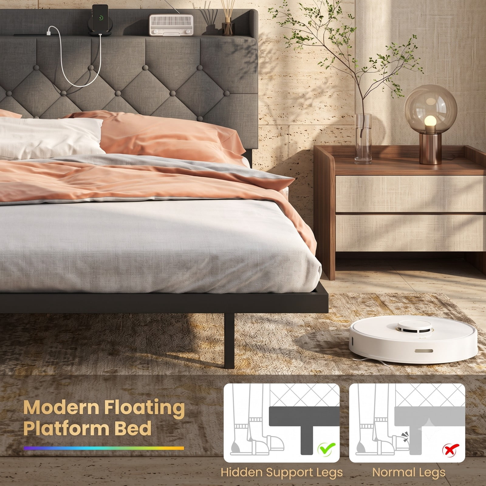 Furnibear Queen Size Bed Frame Upholstered Floating Platform Bed with LED Lights, Storage Headboard and Charging Station, Gray